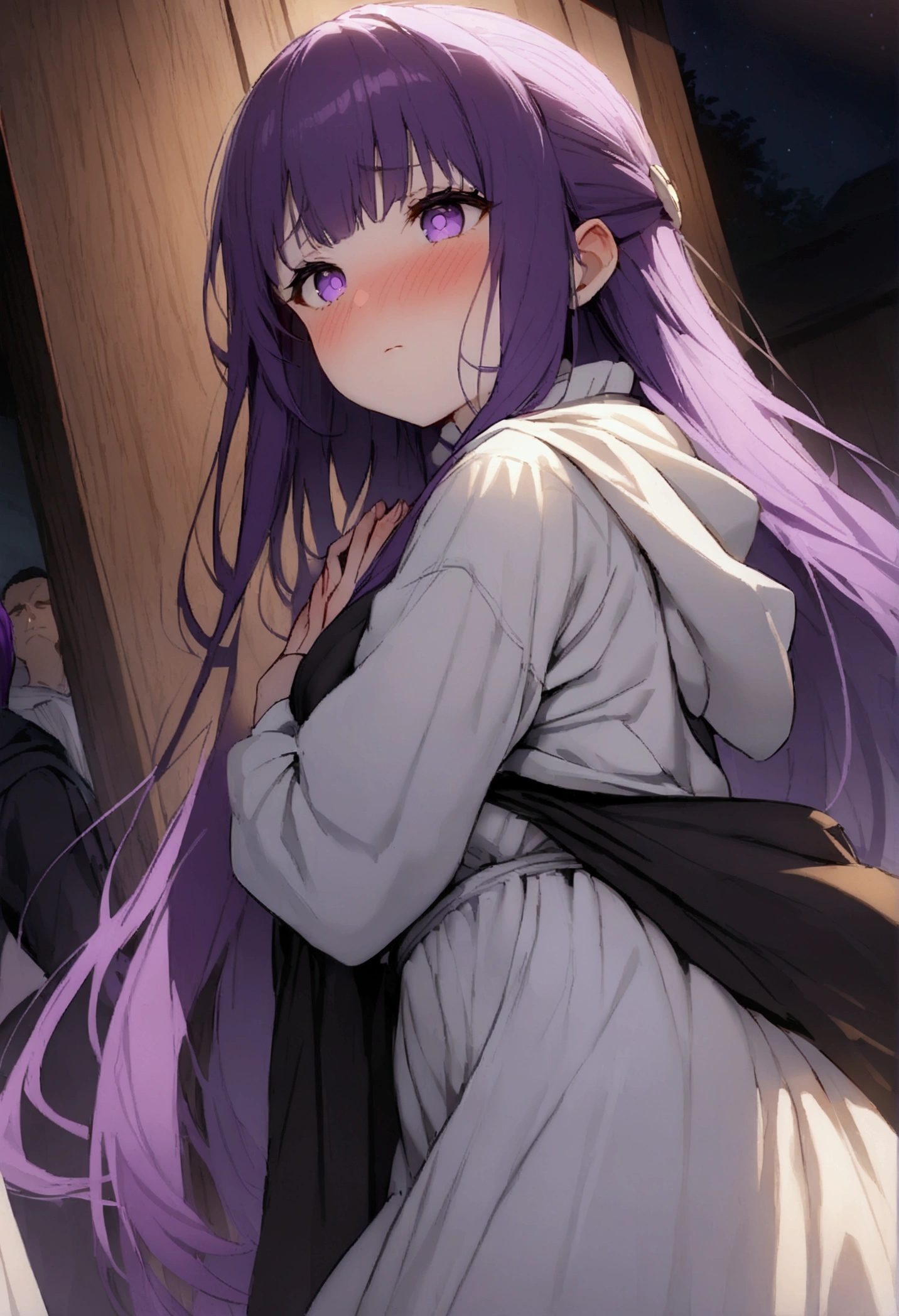 NSFW,masterpiece,Highest quality,High resolution,Super detailed,Fern\(Funeral of Frieren\),Purple eyes,Purple Hair,Long Hair,White Dress,Robe,Open clothes,Embarrassed,blush,expectant face,Inn at night,bedroom,(Young men),A man puts his hands on her waist and hugs her,Put your hands inside your clothes,Circling the body