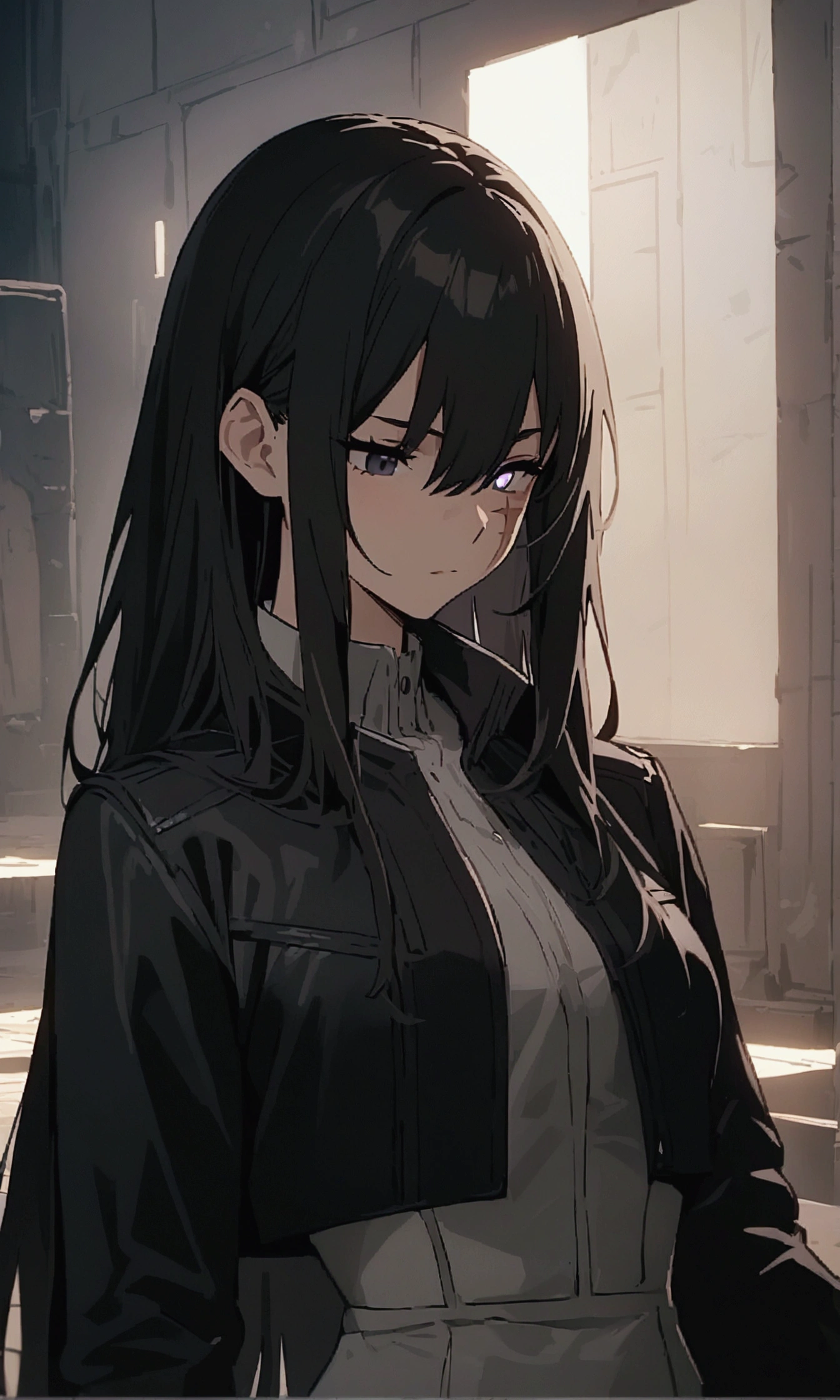 masterpiece, highres, screen shot, best quality, 1girl, (scar on left eye), white cropped jacket, highly detailed, rule of thirds, jewelry, long hair, bangs, hair between eyes