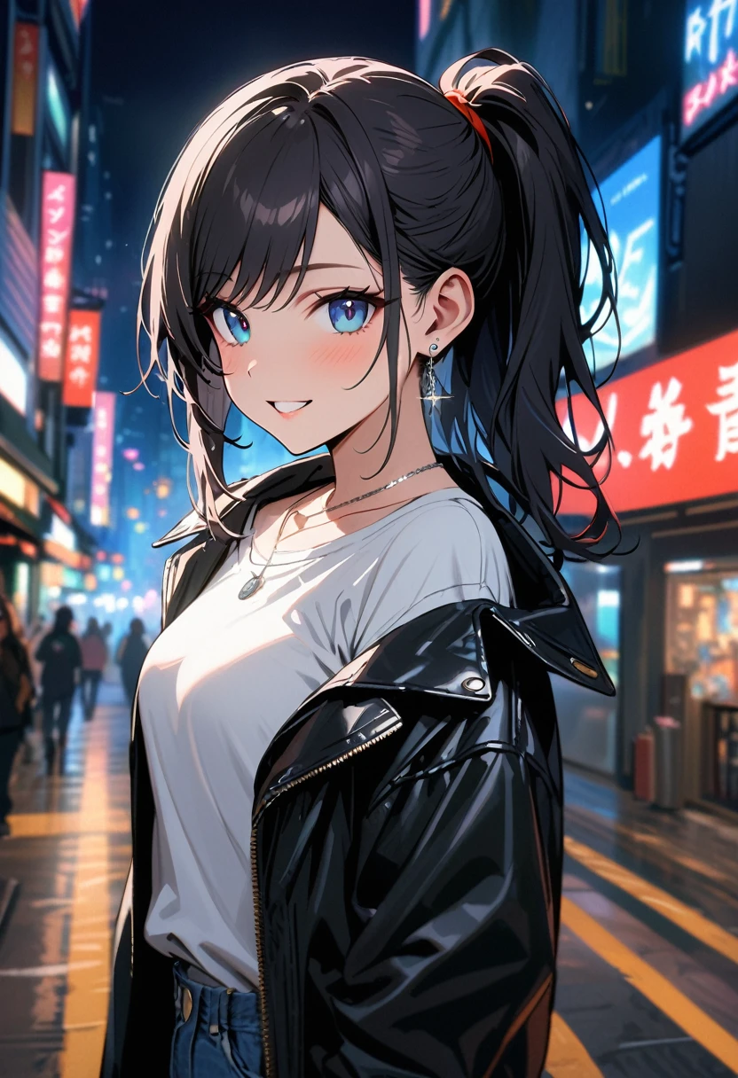 (masterpiece, best quality:1.3), (A young woman, 19-years-old, solo, Caucasian, black hair tied back in a ponytail, swept bangs, cheerful smile, mouth open, blue eyes, perfecteyes:1.1), (black leather jacket, white t-shirt, thin silver necklace, small silver earrings, light blue denim pants, Tokyo city, upper body, night:1.2)