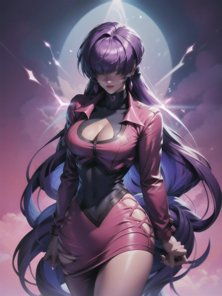 (night), in a video game scene with a neon background and a neon light, Standing at attention, pink suit, pink jacket, choker, neckline, clothing cut, earrings, purple hair, eyes completely covered by hair bangs ((hair over eyes)), 1 girl, 20 years old, Young woman, Beautiful finger, Beautiful long legs, Beautiful body, Beautiful nose, Beautiful character design, perfect face, looking at viewer (focusing on his face), mouth closed, Light_Smile, official art, extremely detailed CG unity 8k wallpaper, perfect lighting, colorful, bright front lighting, shiny skin, (masterpiece: 1.0), (best_quality: 1.0), ultra-high resolution, 4K, ultra-detailed, photography, 8K, HDR, high resolution, absurdities:1.2, Kodak portra 400, film grain, blurred background, bokeh:1.2, lens flare, (vibrant_color:1.2), professional photography, (Beautiful, breasts: 1.4), (beautiful_face: 1.5), (narrow_waist),
