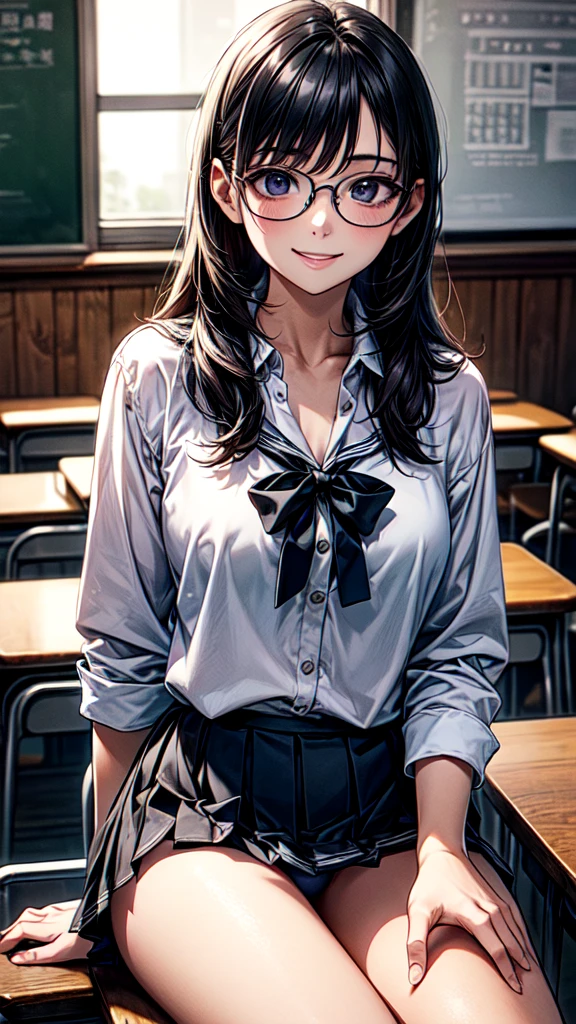 very cute and beautiful girl,(Very detailed美しい顔),White blouse,ribbon,(Pleated check mini skirt),
View your viewers,Black Hair,Wooden classroom,
(Highest quality,masterpiece:1.0),Absurd,High resolution,Very detailed,Very detailed,32K,8k resolution,
Intricate details,Movie Scenes,Detailed Background,alone,Composition from the front,Long Hair、(((Glasses)))、(((smile)))、sit down、panties