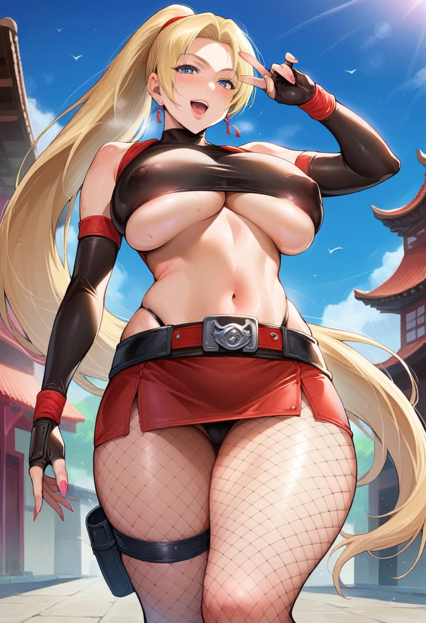 masterpiece, best quality, (1 girl), solo, wide hips, (huge breasts), slutty grin, mature girl, wide hips, ninja village, nighttime, detailed eyes, open mouth, ((wearing a slutty ninja outfit)), slutty, (very long hair), curvy, nice hips, kunoichi, ((ninja girl)), ninja outfit, midriff, short skirt, (fishnet), underboob, kunoichi skirt, blonde hair, fishnet bodycon, wide hips, voluptuous, mature, milf, wide hips, childbearing hips, (ikuchan),