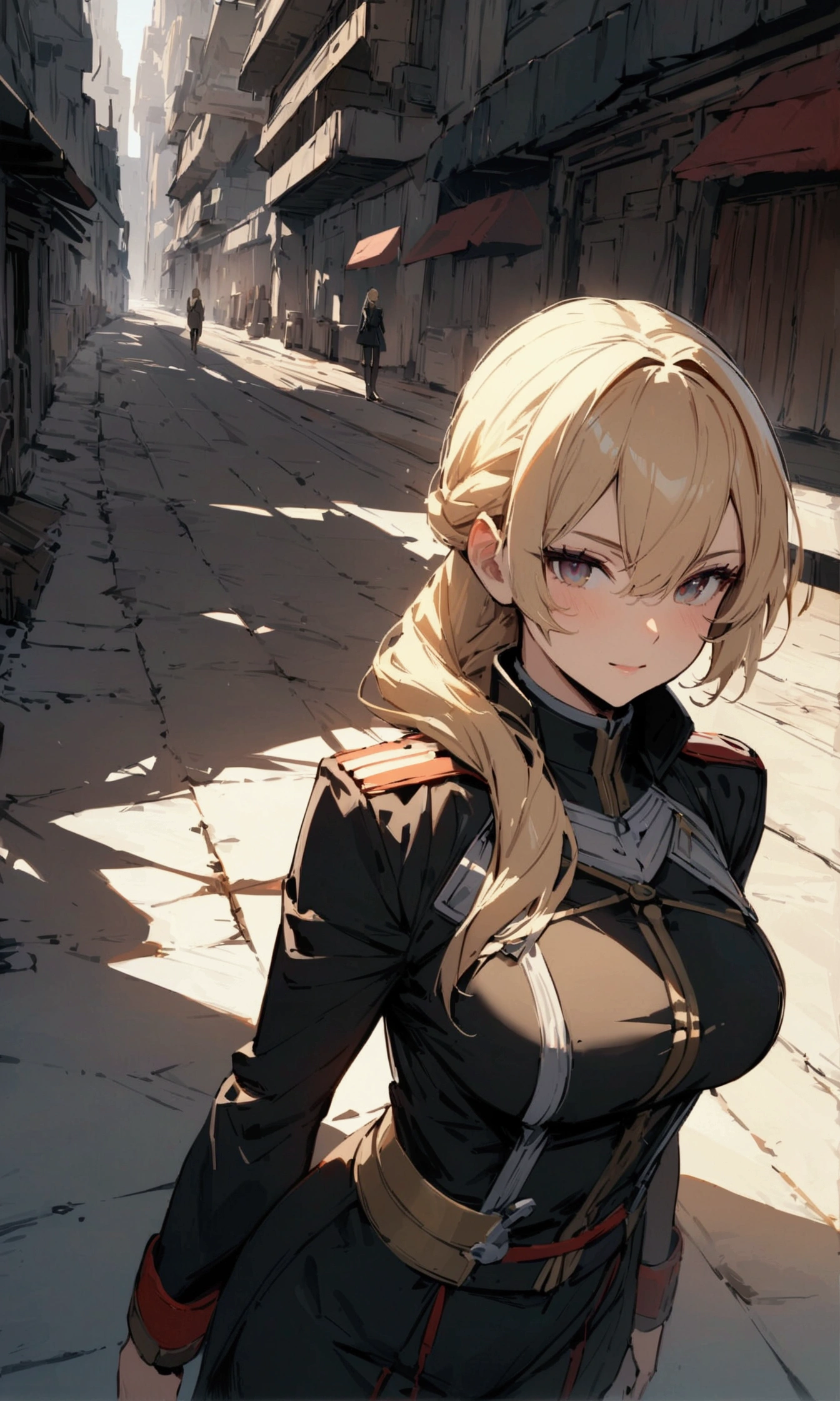 (masterpiece, best quality, super detailed, best shadows), (detailed background,) sci-fi liberator captain blond young strong confident strong healthy strong military uniform women