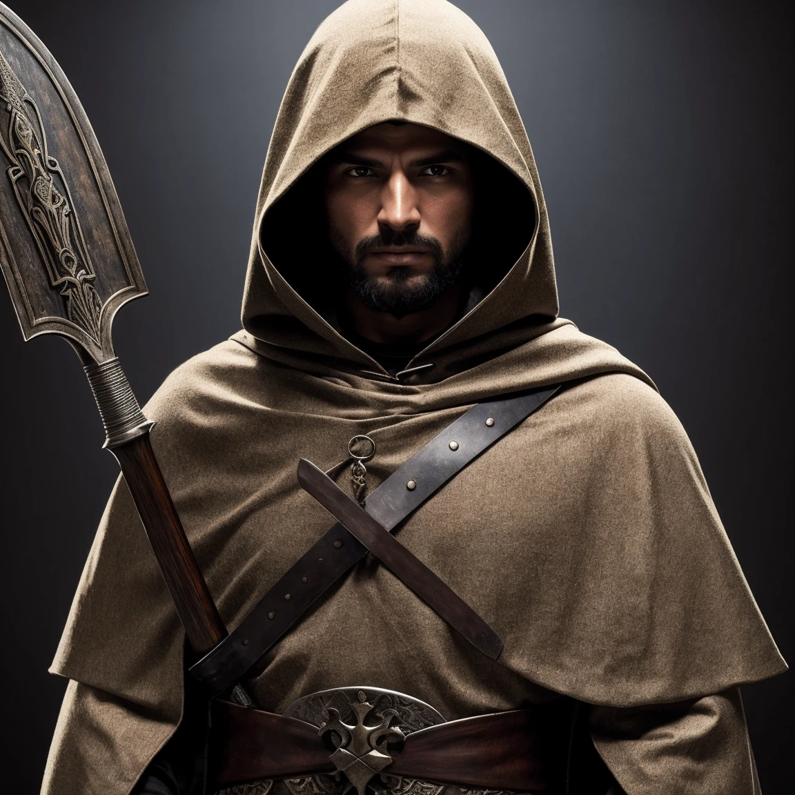 Hooded medieval warrior with bowed head, barba, sword