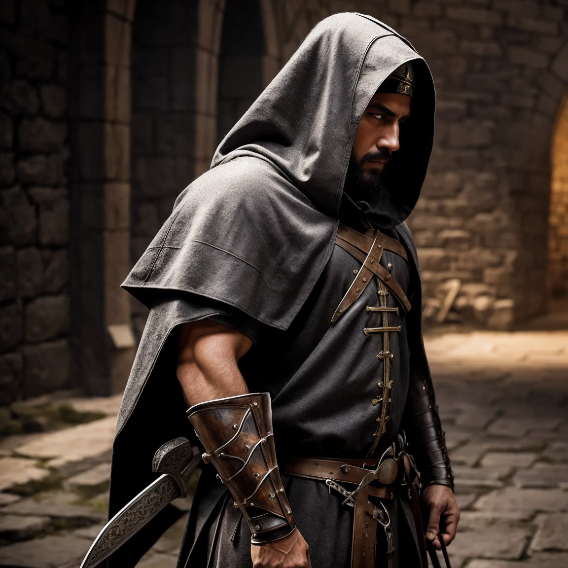 Hooded medieval warrior with bowed head, barba, sword