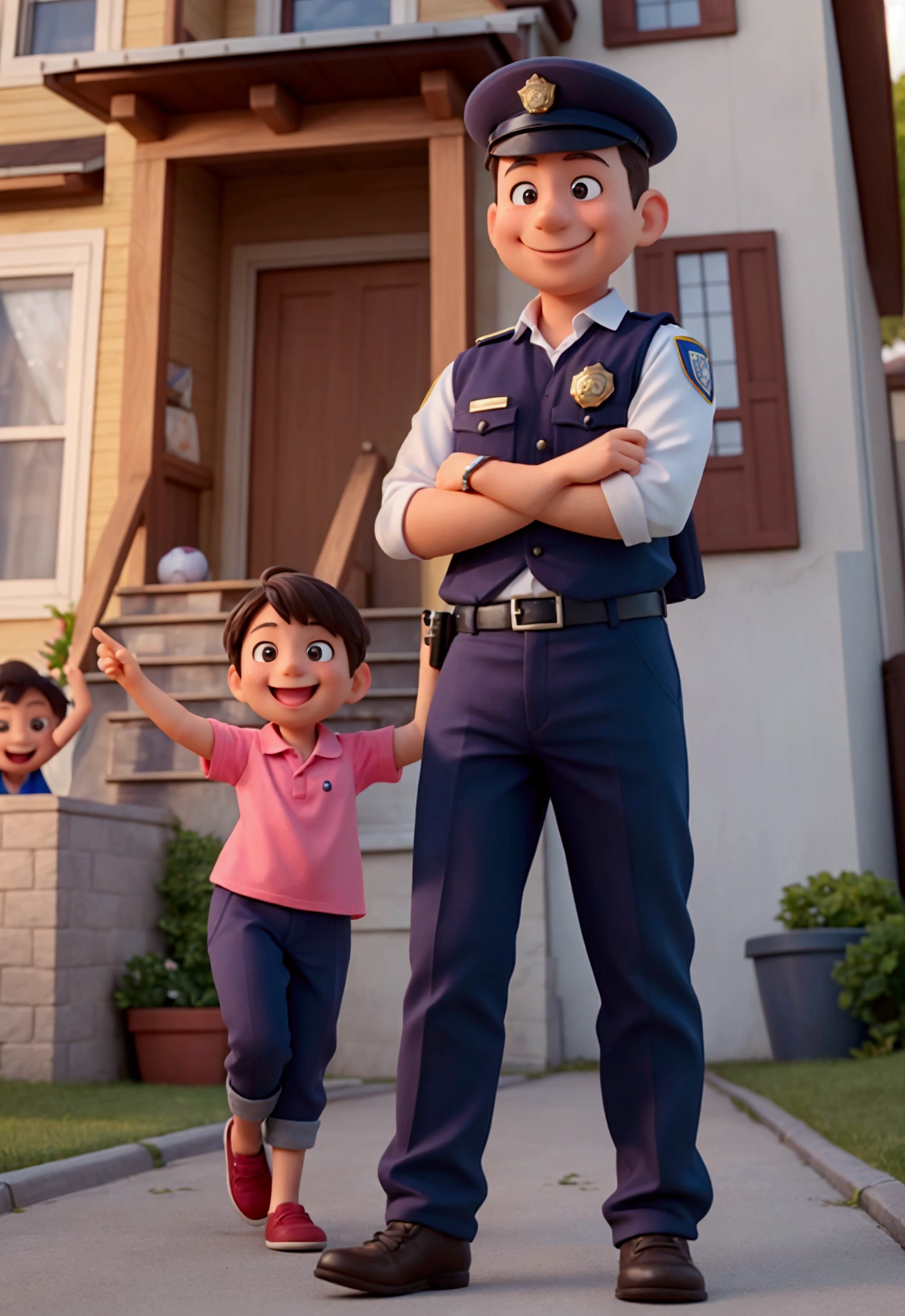 "A comical scene where a smiling, mischievous-looking child is being gently escorted by two friendly police officers. The child holds a soccer ball and the police officer on the left is pointing to a broken window of the house in the background, with the neighbor waving with a slightly exasperated smile, kinda fun. The cops and the neighbor clearly find the situation funny, while the appears to be enjoying the 'adventure'."