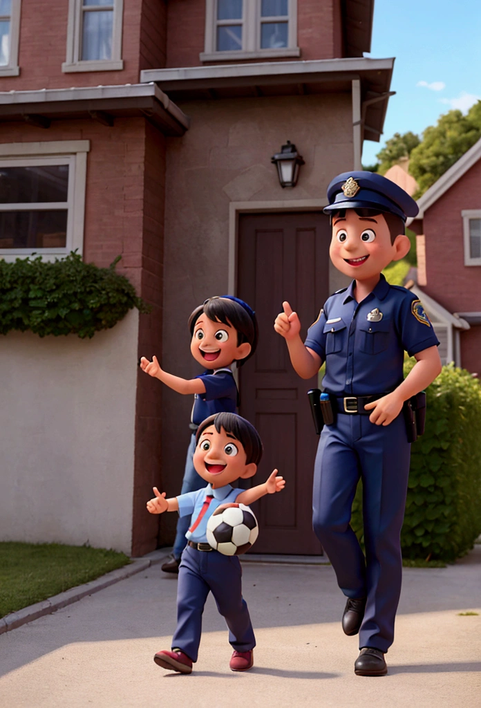 "A comical scene where a smiling, mischievous-looking child is being gently escorted by two friendly police officers. The child holds a soccer ball and the police officer on the left is pointing to a broken window of the house in the background, with the neighbor waving with a slightly exasperated smile, kinda fun. The cops and the neighbor clearly find the situation funny, while the appears to be enjoying the 'adventure'."