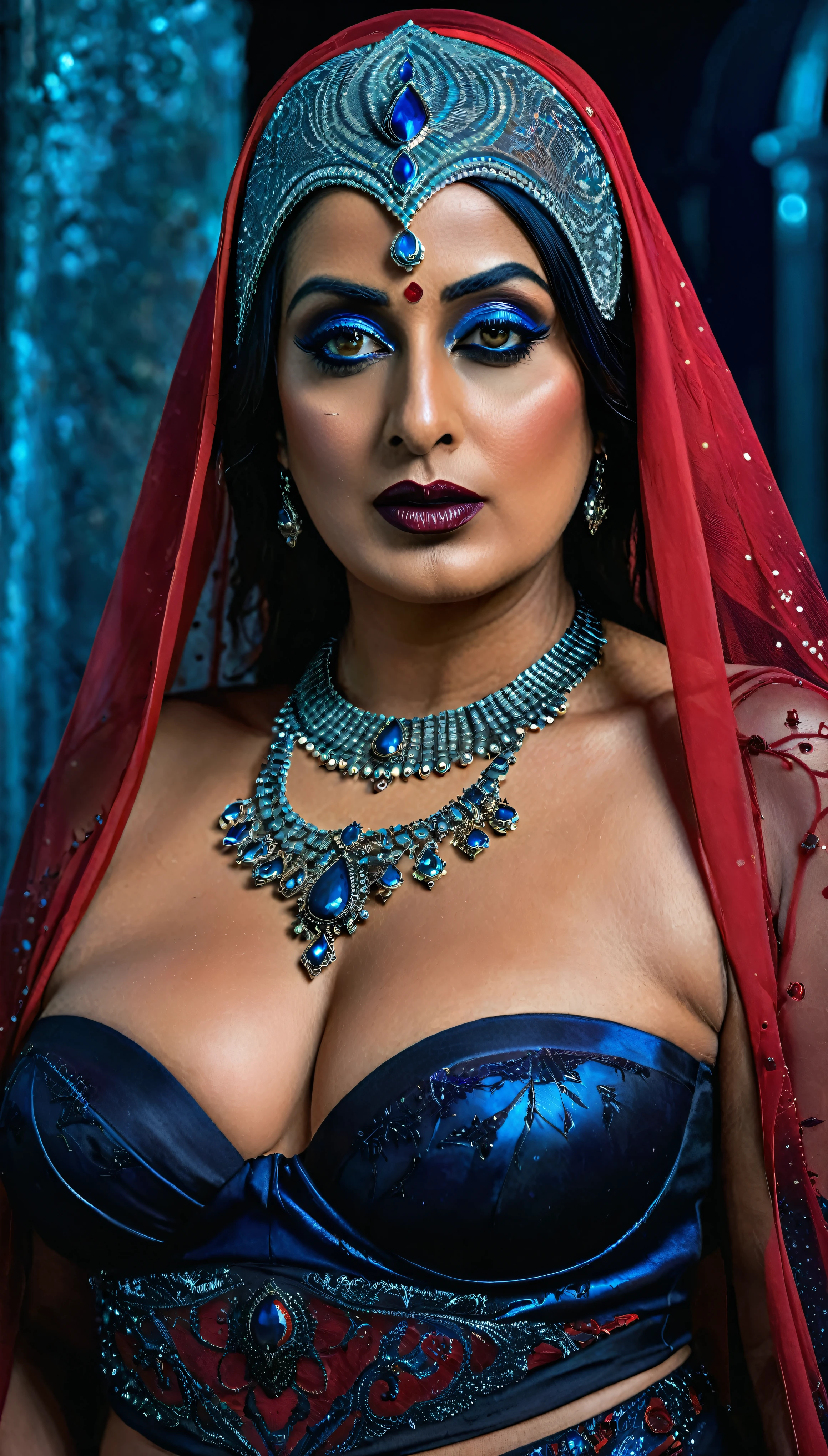 Looks like Mahie Gill, full body Closeup shot, Big chubby aunty, milf, cougar lady witch, horny Gothic milf, 70 years old gorgeous mature lady, pervert demoness, demoness of lust, curvy, black lips, horny face, extremely gorgeous, thick figure, heavy physique, voluptuous, curvy, sexy figure, Fashionable portrait of androgynous alien looking witch wearing veil, glowing eyes, futuristic design, minimal details, givenchy, photoreal, 200mm, hd, f/ 2.0, highly detailed, surreal, sexy beautiful evil woman, sexy bold sequin Saree with strapless Bra, chudail, Pishachini, horror genre, blood-thirsty enchantress, powerful female spirit, eerie, drop dead, in the style of red and blue, (intricate details, hyperdetailed:1.15) (skin texture:1.2), dark Moody tone, cinematic lighting, haunted place in background,