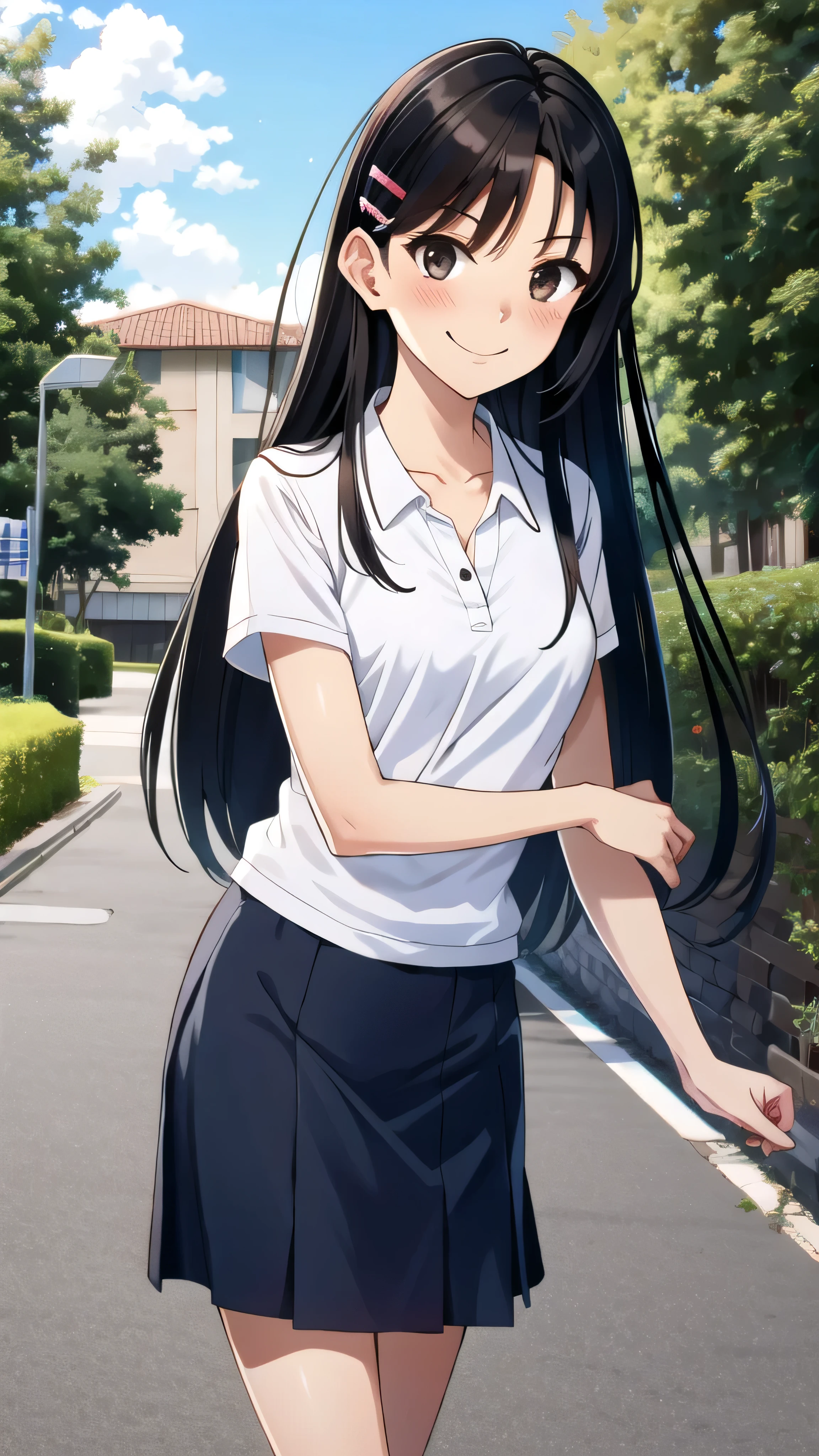 ((best quality)), ((masterpiece)), (details), one girl, sexy ((best quality)), ((masterpiece)), (details), one girl, sexy ((best quality)), ((masterpiece)), (details), one girl, full body, sexy expensive body, expensive, long legs, mature woman, mature, adult, it_nagatoro_main, Hayase Nagatoro, one girl, blushing, alone, uniform polo shirt, short sleeves, black hair,brown eyes, hair accessory, looking at viewer, hair clip, smiling, long hair, dark skinned woman, dark skin, , bangs, daytime, skirt, collared shirt, collarbone, ear clip, mouth closed, tree, asymmetrical bangs, upper body