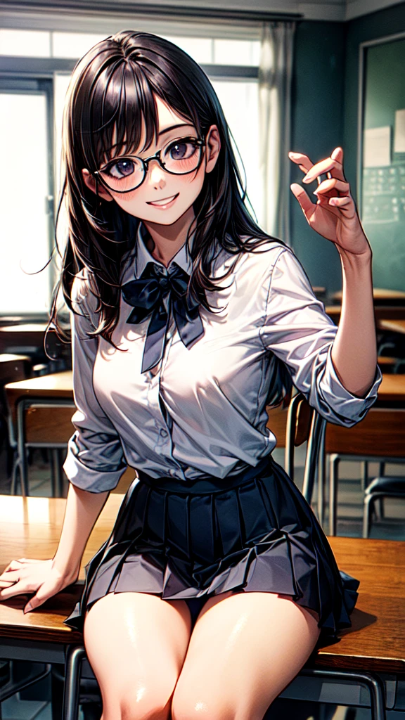 very cute and beautiful girl,(Very detailed美しい顔),White blouse,ribbon,(Pleated check mini skirt),
View your viewers,Black Hair,Wooden classroom,
(Highest quality,masterpiece:1.0),Absurd,High resolution,Very detailed,Very detailed,32K,8k resolution,
Intricate details,Movie Scenes,Detailed Background,alone,Composition from the front,Long Hair、(((Glasses)))、(((smile)))、sit down、panties