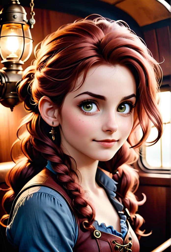 (editorial photography of a 20 year old Aerith Gainsborough), (highly detailed face:1.4) (smile:0.7) (background inside dark, moody, private study:1.3), steampunk pirate's airship, nikon d850, film stock photography, for kodak portra 400 ,camera f1.6 lens, bokeh, analog style, rich colors, hyper realistic, lifelike texture, dramatic lighting, cinestill 800, messy hair, serious, (freckles:0.4), pale skin, cute sexy