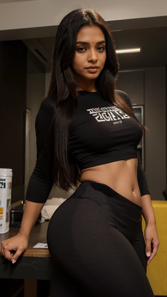 short indian brown woman with long hair, skinny, small perfect breasts, big hip, big ass, thick curvy, woman wearing black t shirt and leggings, sexy face, detailed.