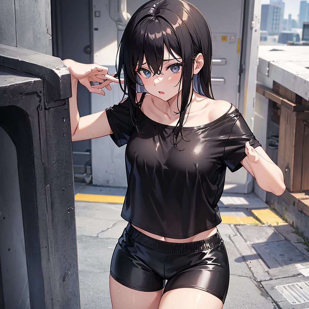 Girl in black wet tight shorts
