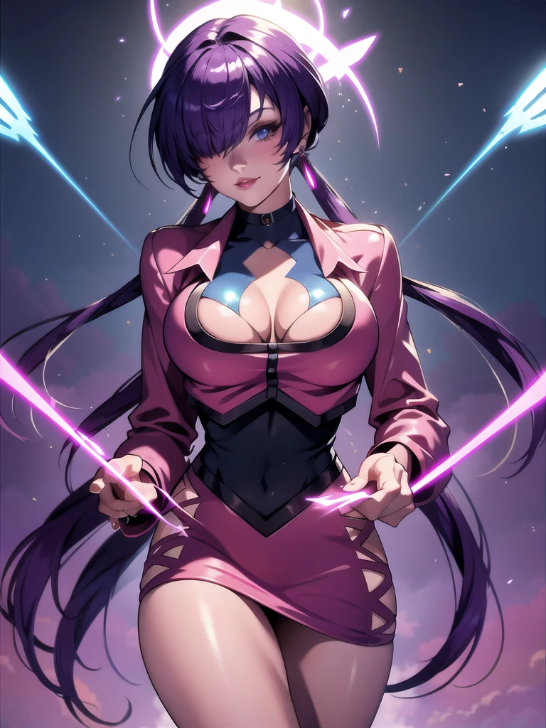 (night), in a video game scene with a neon background and a neon light, Standing at attention, pink suit, pink jacket, choker, neckline, clothing cut, earrings, purple hair, eyes completely covered by hair bangs ((hair over eyes)), 1 girl, 20 years old, Young woman, Beautiful finger, Beautiful long legs, Beautiful body, Beautiful nose, Beautiful character design, perfect face, looking at viewer (focusing on his face), mouth closed, Light_Smile, official art, extremely detailed CG unity 8k wallpaper, perfect lighting, colorful, bright front lighting, shiny skin, (masterpiece: 1.0), (best_quality: 1.0), ultra-high resolution, 4K, ultra-detailed, photography, 8K, HDR, high resolution, absurdities:1.2, Kodak portra 400, film grain, blurred background, bokeh:1.2, lens flare, (vibrant_color:1.2), professional photography, (Beautiful, breasts: 1.4), (beautiful_face: 1.5), (narrow_waist),
