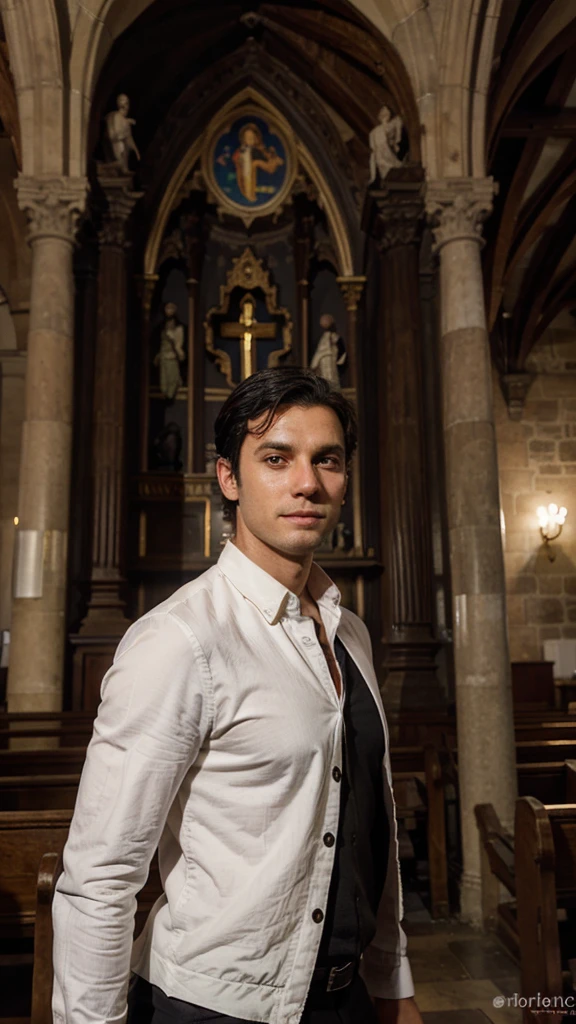 dark black hair england man, active posing in the church, brown eyes, wearing, long distance shot, smirk, detailed