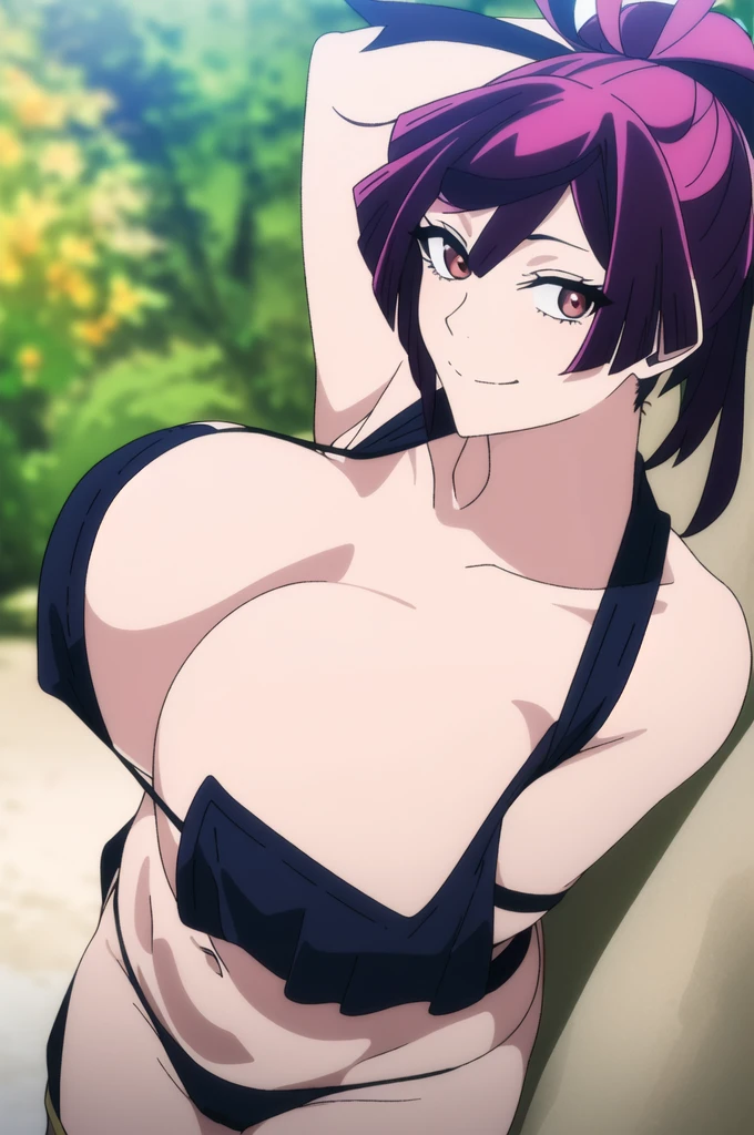 (masterpiece), ((best quality)), yuzuriha_jigokuraku, 1girl, solo, breasts, short_hair, red_eyes, ponytail, purple_hair, looking_at_viewer, blushed smile, large_breasts, cleavage, bare_shoulders, standing, hands behind head, one leg up, collarbone, crossed_legs, black underwear, from_below, breasts, large breasts, big breasts, huge breasts, big tits, giant breasts, small bikini, bikini, bare shoulders, bare arms, beach, ocean, underboob