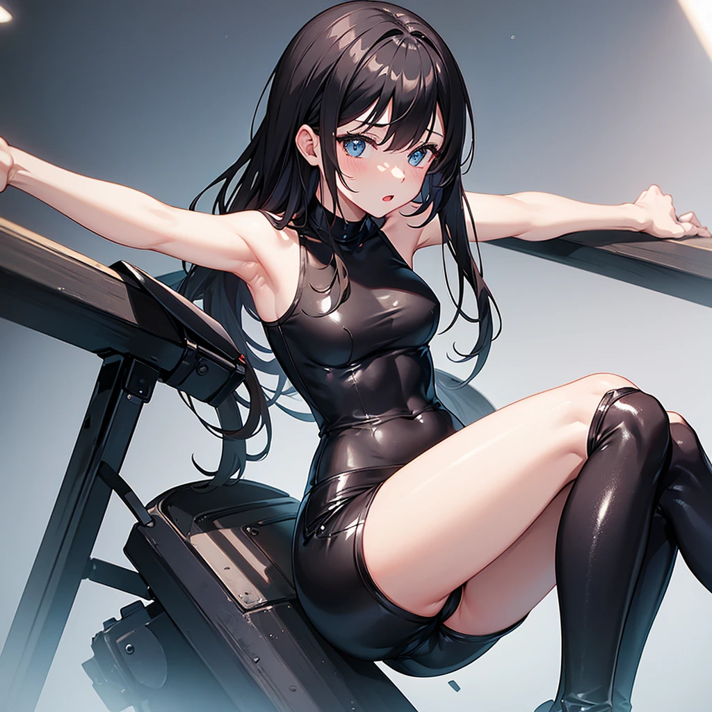 Girl in black wet tight shorts