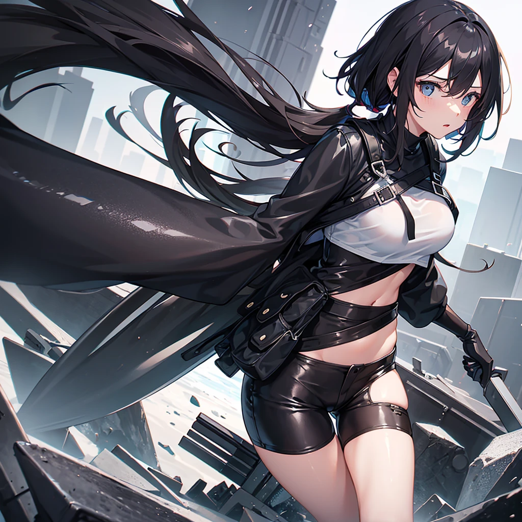 1girl, white hear, arms outstretched, ((no clothes) (no bras) (no panty)), ((uncensored) (totally naked) (wet pussy)), Pose d'adolescente mignonne, dirty robot dump, cyberpunk, Best quality, ultra highres, photo collage