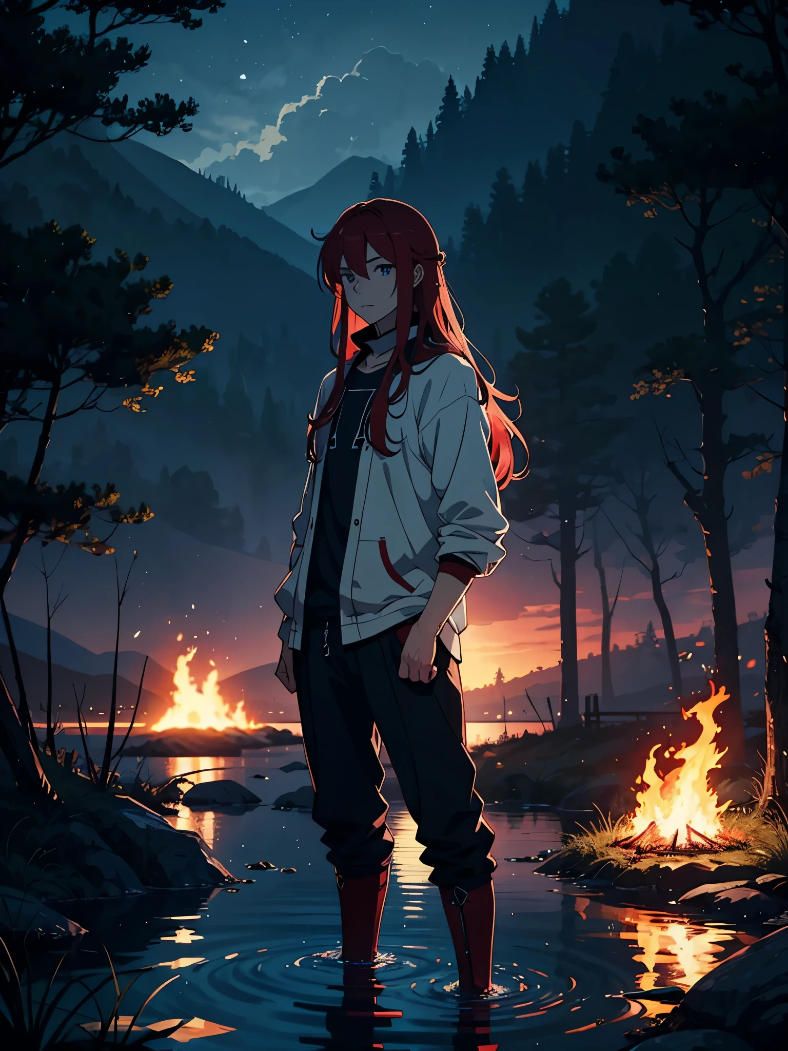 soft. More anime. Standing in a lake. More anime. More 2D. Clean. More anime. 2d. Glow. Red hair. More anime. male. Long hair. long red hair. boy, vikings. red hair. Blue eyes. fire. 