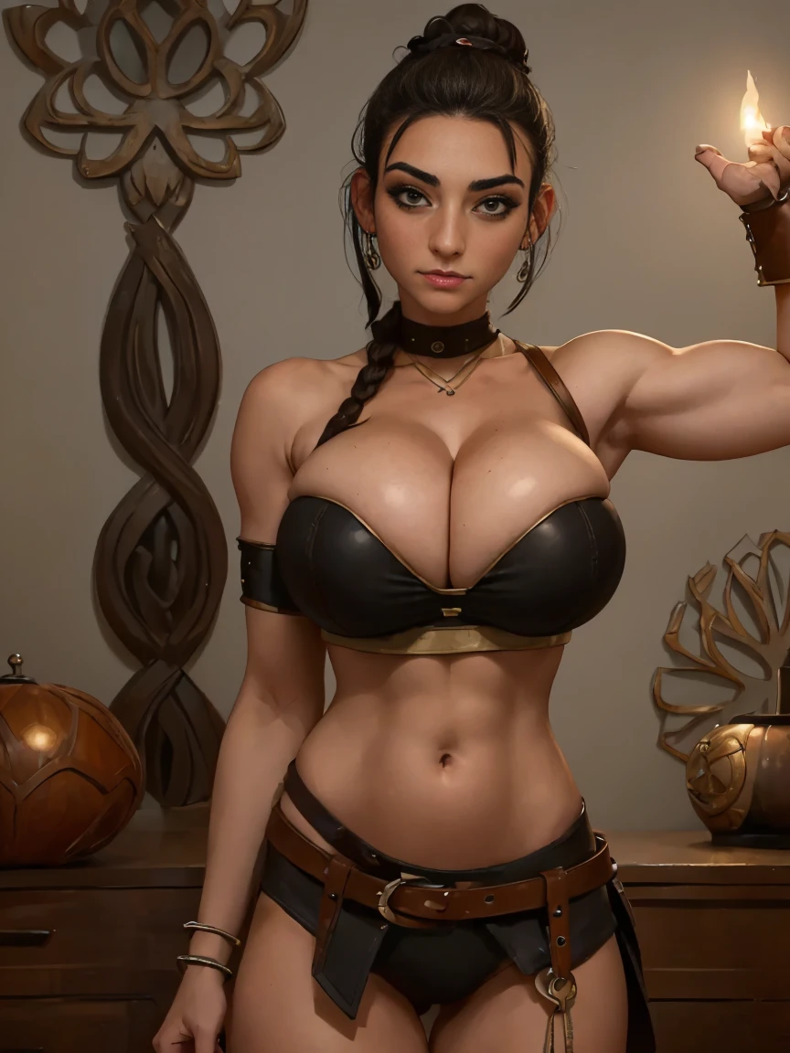 (masterpiece, top quality, best quality, official art, beautiful and aesthetic:1.2), (1girl:1.3), dark brown hair pulled back, topknot, braids, extremely detailed, portrait, looking at viewer, solo, (full body:0.6), detailed background, close up, facepaint, tribal tattoos, (warm summer Africa theme:1.1), view from below, seven feet tall, buff and busty giant barbarian queen, elegant face, long face, charlatan, smirk, mysterious, walking in savannah, revealing tribal attire, bare midriff, brown leather, fur lined clothes, long boots, buckles, straps, pouches, axes, tan fabric, brown leather, ((((gigantic breasts, skindentation, cleavage, hand on hip, flexing)))), (flexing muscles, muscular), strong, cute belly button, toned tummy, slim waist, slim hips, long legs, muscular legs, (savannah exterior:1.1) background, dark mysterious lighting, shadows, magical atmosphere, dutch angle