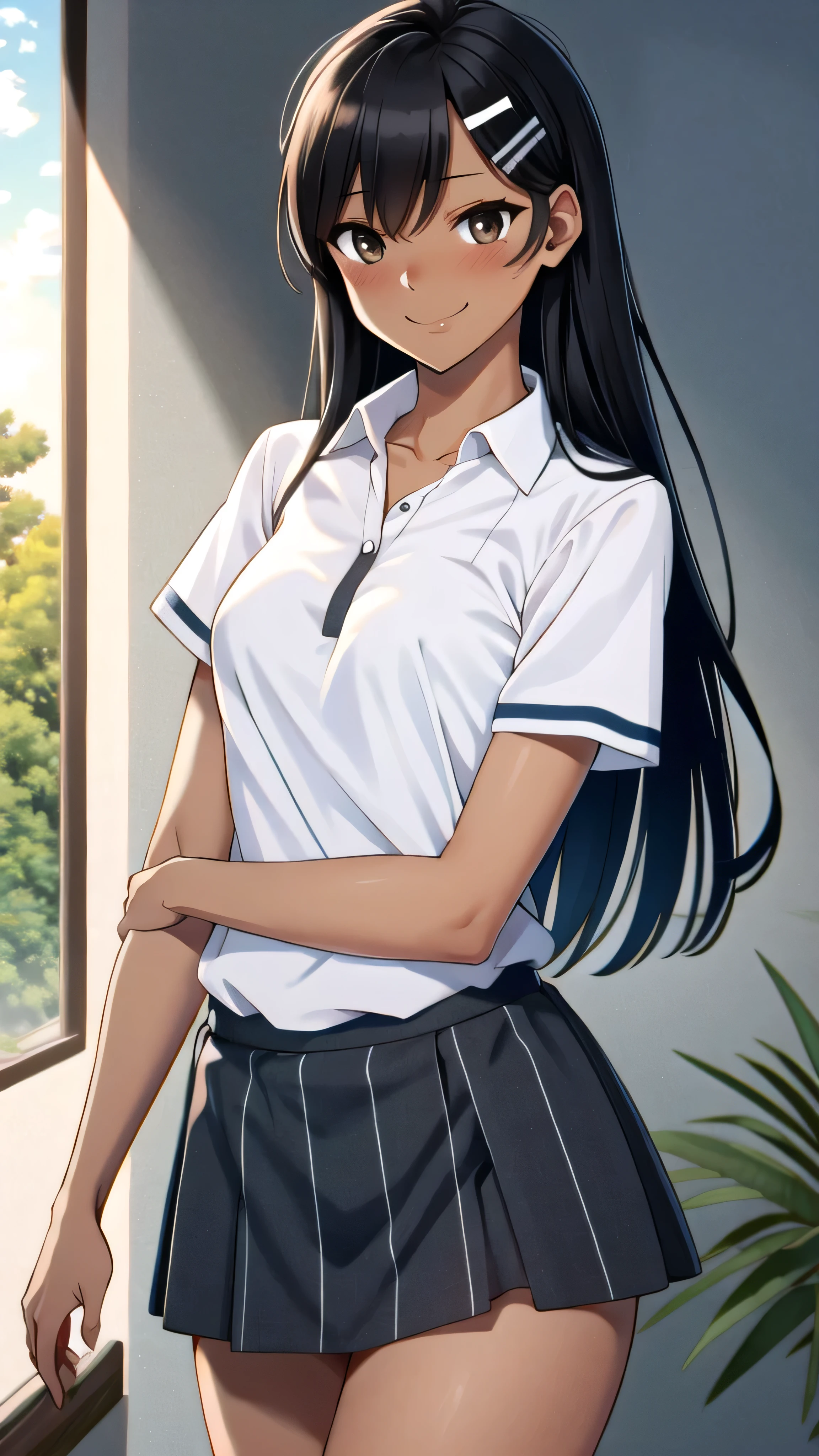 ((best quality)), ((masterpiece)), (details), one girl, sexy ((best quality)), ((masterpiece)), (details), one girl, sexy ((best quality)), ((masterpiece)), (details), one girl, full body,it's_nagatoro_main, Nagatoro Hayase, one girl, blushing, one person, uniform white polo shirt, black hair, brown eyes, hair accessory, looking at viewer, hair clip, smiling, long hair, dark skinned woman, dark skin, , bangs, daytime, skirt, collared shirt, collarbone, ear clip, mouth closed, tree, asymmetrical bangs, upper body