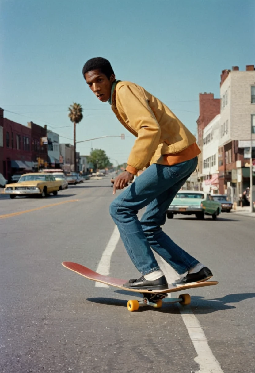 There is a man riding a skateboard down the street, in style of Joel Meyerowitz, campaña like boys, style of Joel Meyerowitz, Jamil Shabazz, por Glen Angus, Ralph Goings, Joel Meyerowitz, skater style, annie leibowitz, inspired by Bruce Gilden, michael bair, Bronson Action
