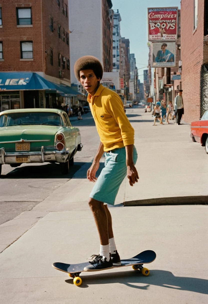 There is a man riding a skateboard down the street, in style of Joel Meyerowitz, campaña like boys, style of Joel Meyerowitz, Jamil Shabazz, por Glen Angus, Ralph Goings, Joel Meyerowitz, skater style, annie leibowitz, inspired by Bruce Gilden, michael bair, Bronson Action