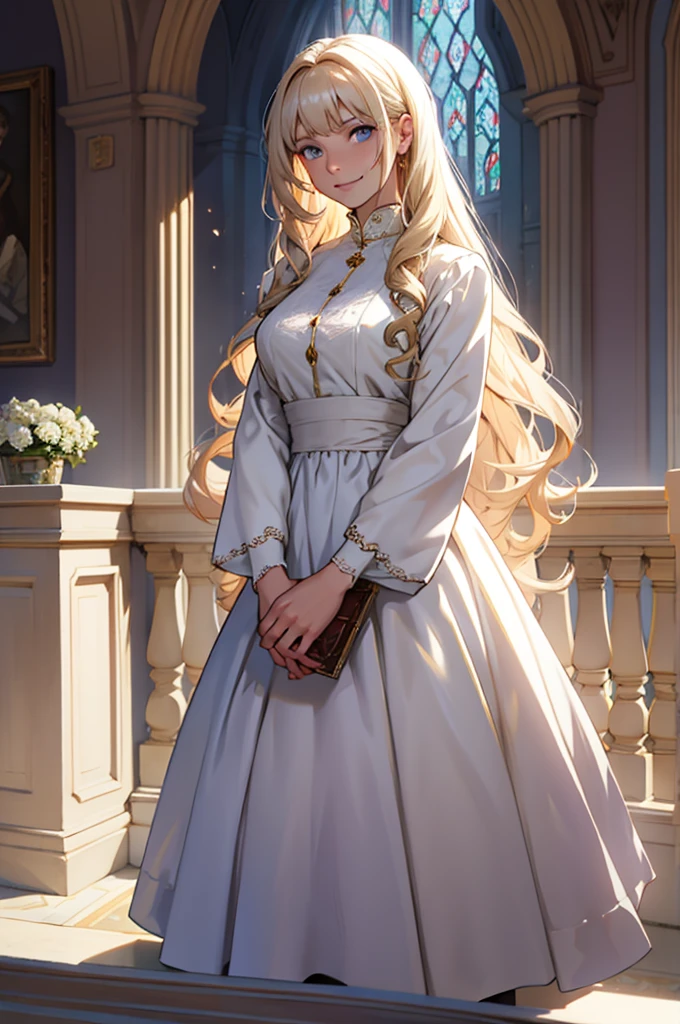 35 year old woman, with defined facial features, shy smile, clear skin, long curly hair, pale gold color, blue eyes, wearing a medieval nobility dress, white blouse with long sleeves and long skirt with several purple layers, posing standing, with hands in lap (detailed hands) straight legs, classic painting, large window in the background, flowery balcony, White flowers