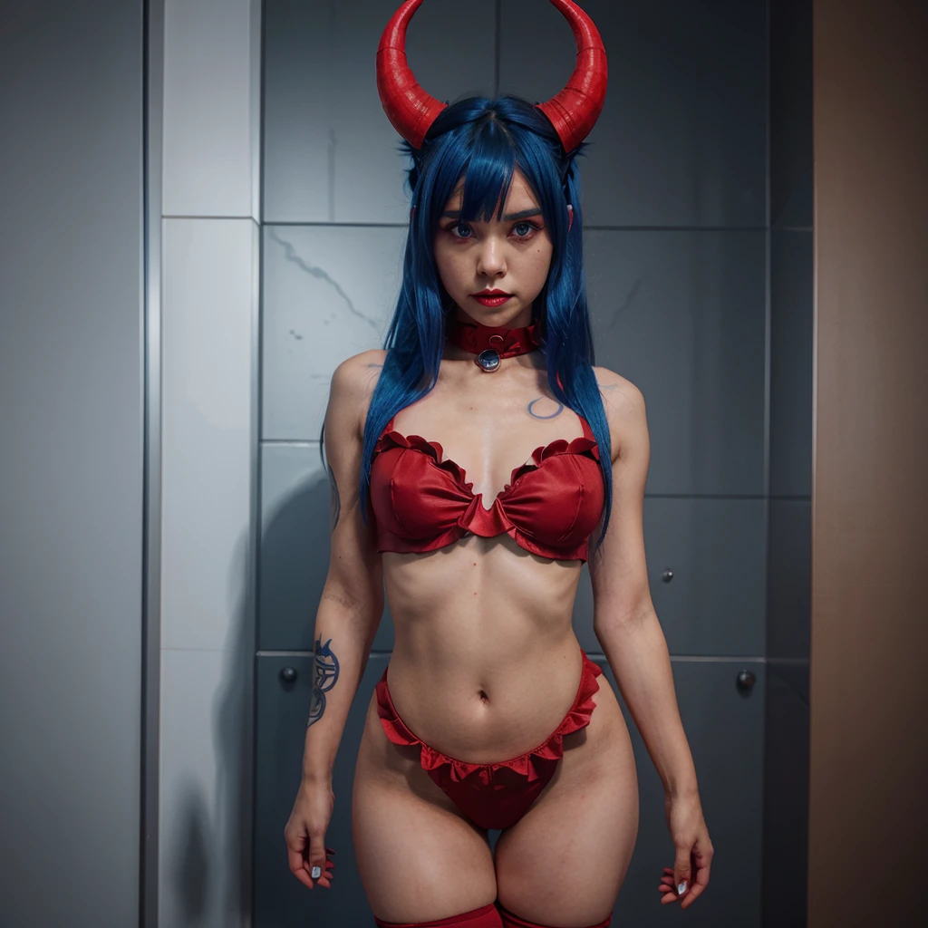 1 solo girl, demon, red horns, stand, blue tail hair