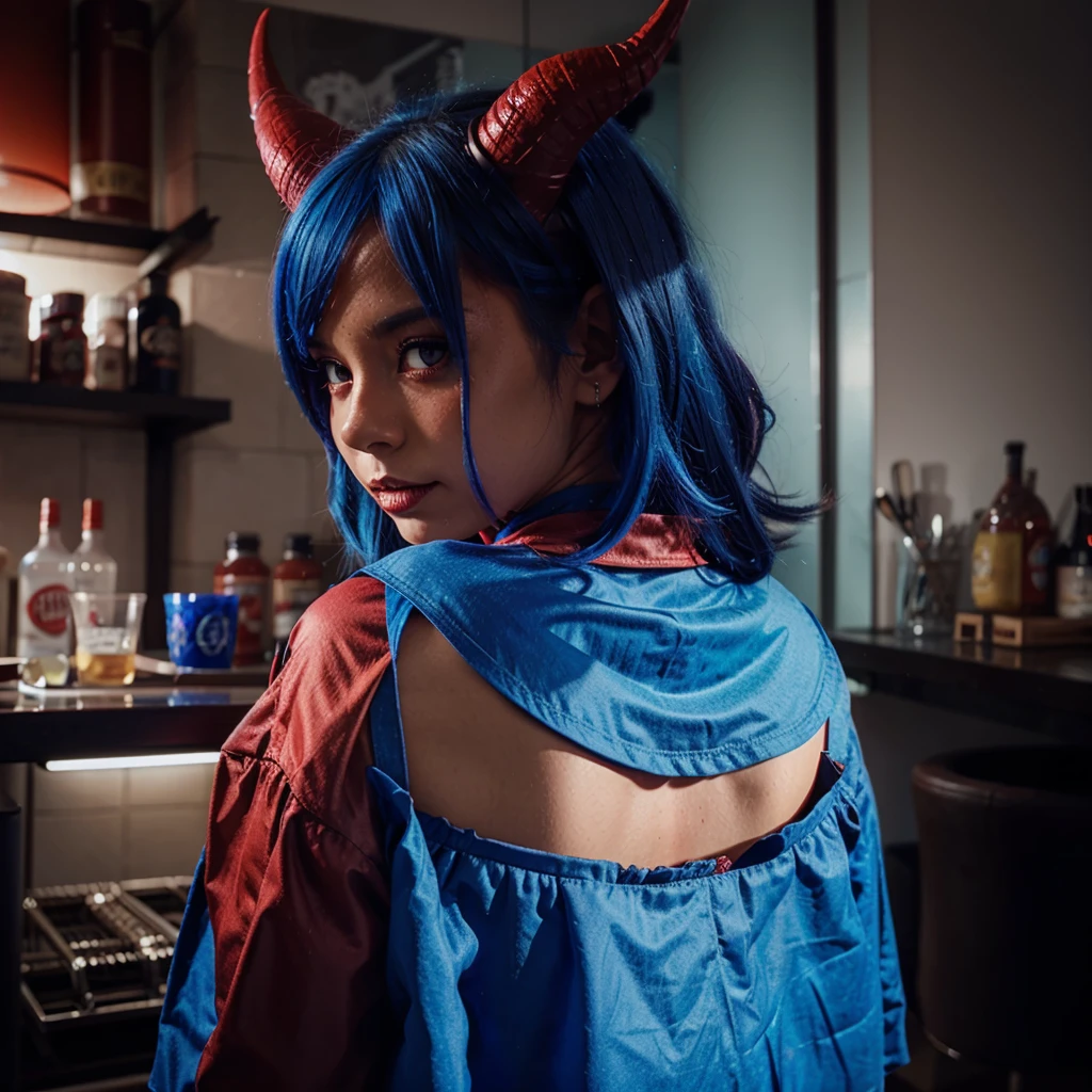 1 solo girl, demon, red horns, stand, blue tail hair