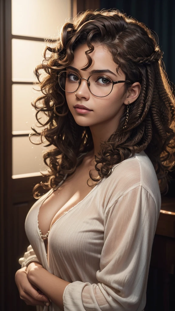 (((A 22 year old young woman, light brown curly hairstyles she is wearing glasses, , 1 girl))), (editorial photograph of a A 22 year old young woman, curly brown hairstyles she is wearing glasses, medium breast))) Fujifilm Provia 100F (Color Slide), Dark and moody, Silhouette Shot, Extreme High-Angle Shot, Over the Shoulder, cinematic lighting, ultra wide angle, luxury, elite, 4k, depth of field, micro detalls, hyper detailed, lightrays, filmic, hyper realistic, photorealistic, cinematic, Hair light, Backlighting,