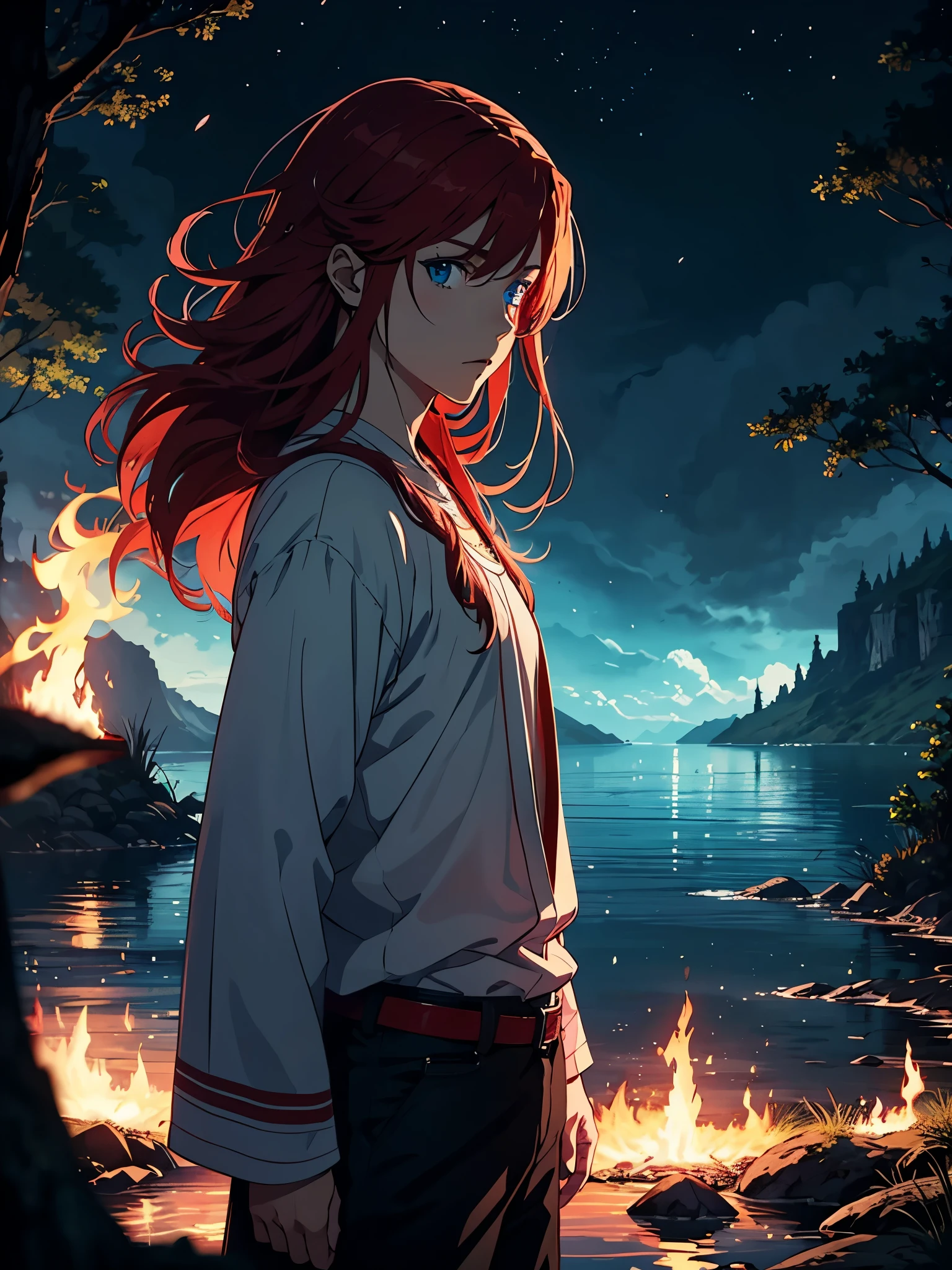 Standing in a blue lake. More anime. More 2D. Clean. More anime. 2d. Glow. Red hair. More anime. male. Long hair. long red hair. boy, vikings. red hair. Blue eyes. fire. 