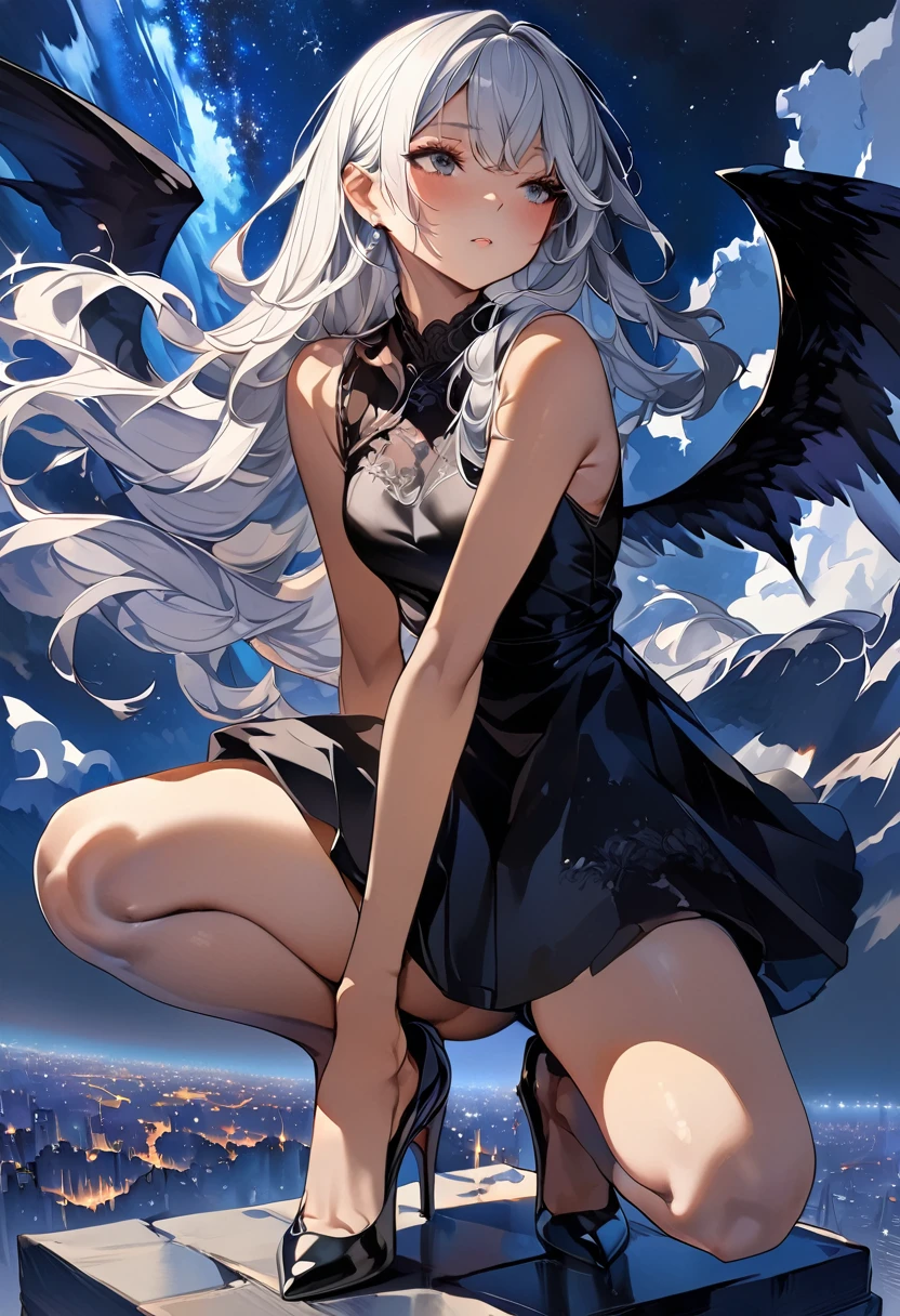 ((Highest quality)), ((masterpiece)), (detailed), One girl,Silver Hair,Long Hair，Dark Skin,Wearing a black sleeveless dress，Wear black high heels，Squatting pose on top of the tower,Starry Sky，cloud，Girl with black wings，Look away，Photograph the whole body，Vast photographic landscape