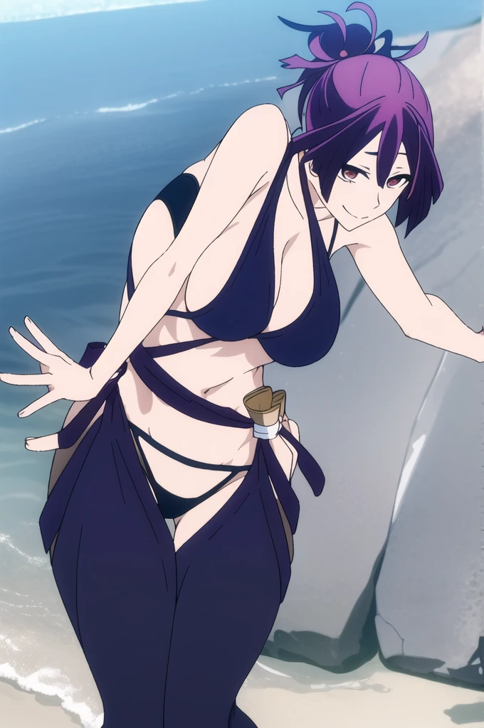 (masterpiece), ((best quality)), yuzuriha_jigokuraku, 1girl, solo, breasts, short_hair, red_eyes, ponytail, purple_hair, looking_at_viewer, blushed smile, large_breasts, cleavage, bare_shoulders, standing, hands behind head, one leg up, collarbone, crossed_legs, black underwear, from_below, breasts, large breasts, big breasts, huge breasts, big tits, giant breasts, small bikini, bikini, bare shoulders, bare arms, beach, ocean, underboob