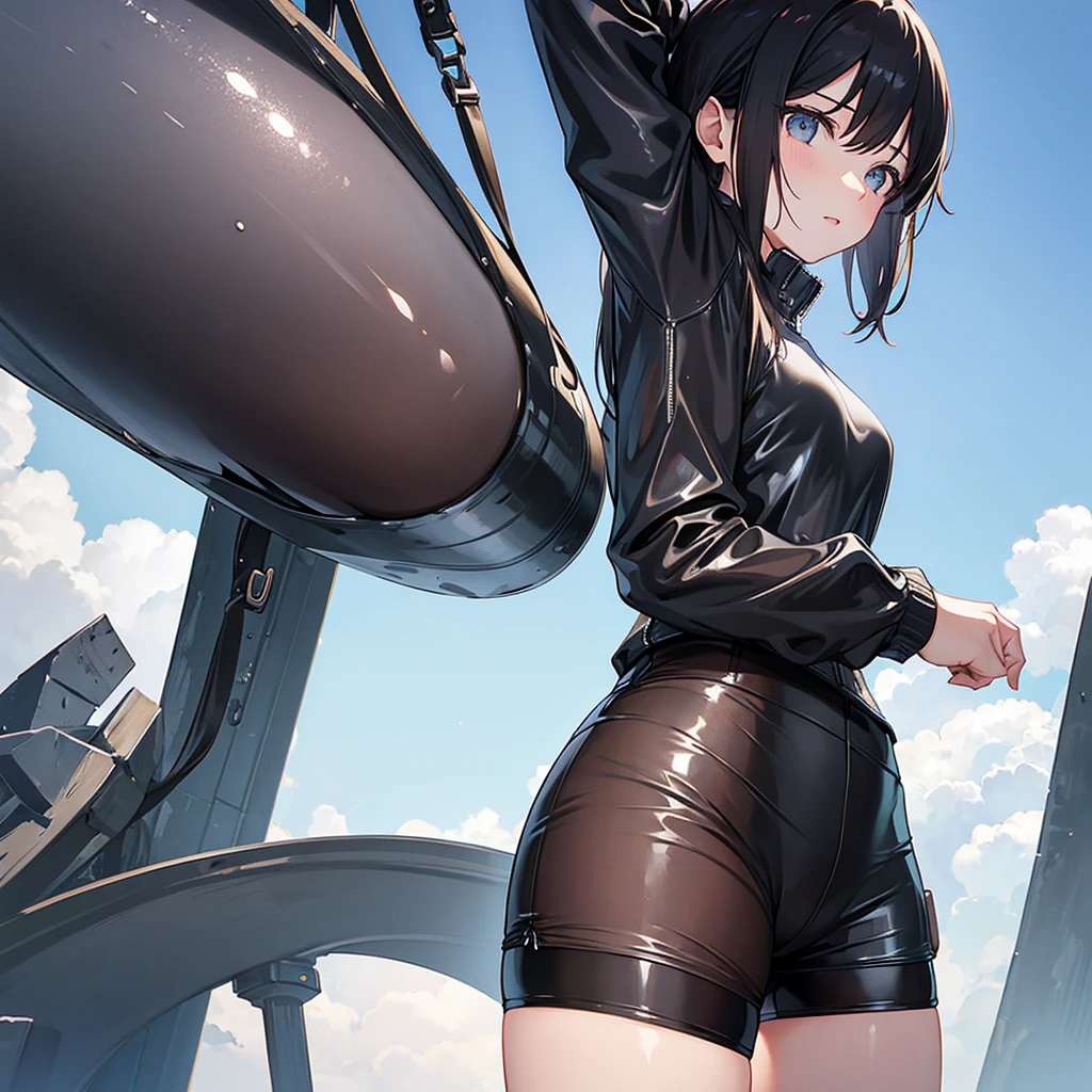 Girl in black wet transparent tight shorts