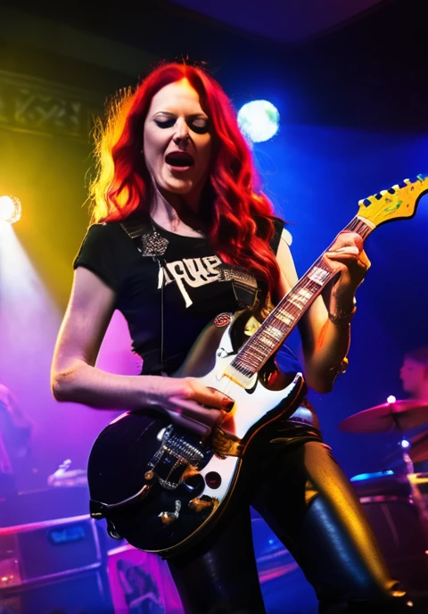 Pale skinned slender mature white woman very flat chested long wavy bright red hair wearing black leather pants and tee-shirt with queen of spades logo on it, playing electric guitar and screaming in a microphone on stage in a dive bar
