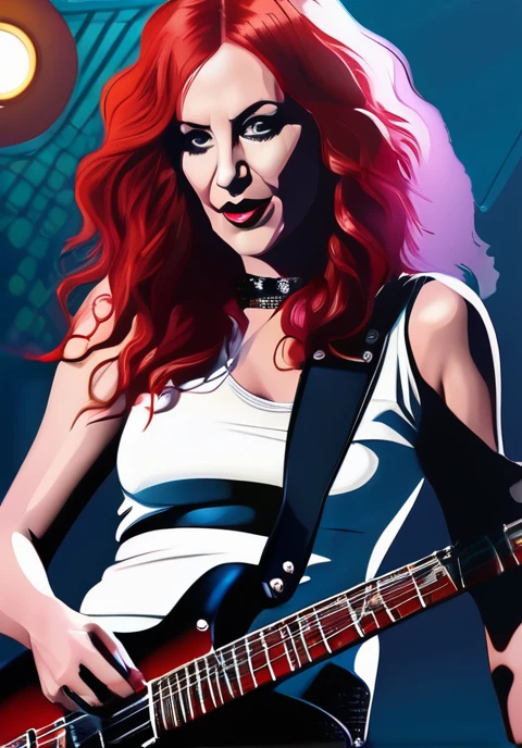 Pale skinned slender mature white woman very flat chested long wavy bright red hair wearing black leather pants and tee-shirt with queen of spades logo on it, playing electric guitar and screaming in a microphone on stage in a dive bar
