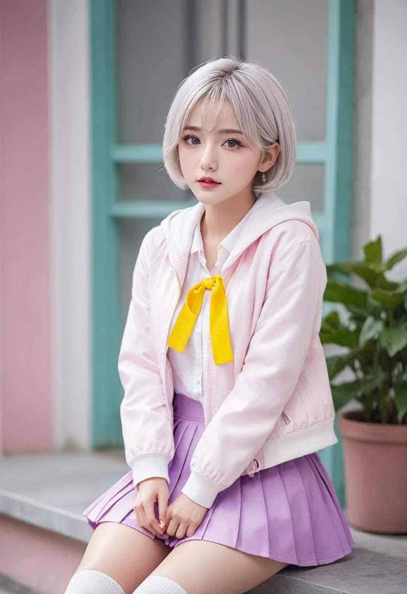 high quality , best masterpiece , girl , short white hair with , yellow eyes , white shirt with light purple jacket , lovely pink skirt , white long socks , cute , sitting