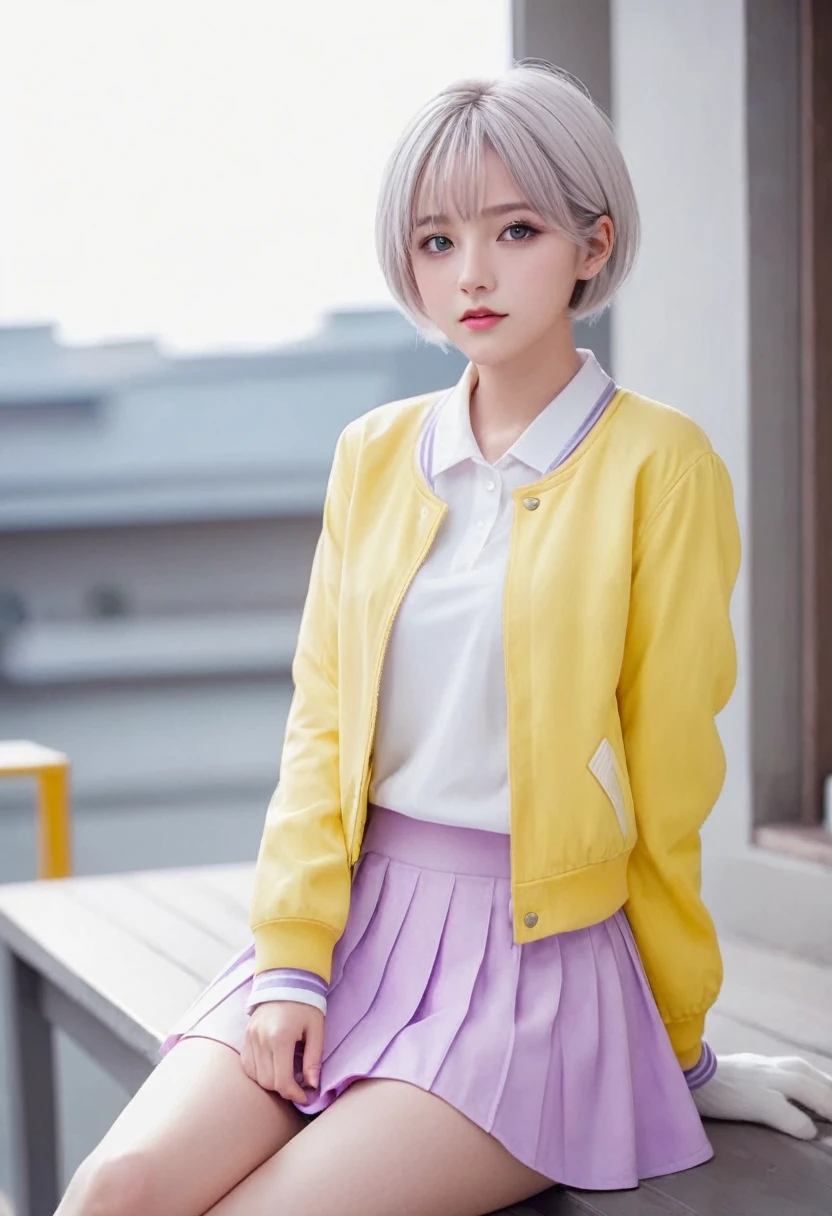 high quality , best masterpiece , girl , short white hair with , yellow eyes , white shirt with light purple jacket , lovely pink skirt , white long socks , cute , sitting