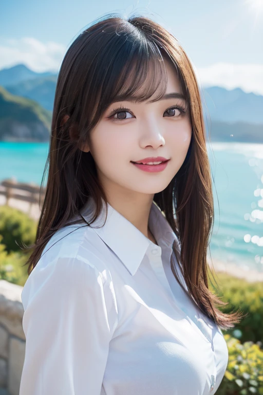 (a very detailed woman in an oversized white collared shirt, with a full body shot, complex and beautiful eyes, a feminine hairstyle, natural colored lips, big breasts, posing in a valley with an ocean backdrop, giving a bold and sexy smile, a young adorable japanese face in an official art style, highly detailed CG Unity 8k wallpaper, (masterpiece:1.0),(highest quality:1.0), super A high resolution, 4K, super detailed, photo shoot, 8k, nffsw, high resolution, kodak portrait 400, film grain, lens flare glow, highest quality, 8k, nffsw:1.2, portrait shot, 8k)