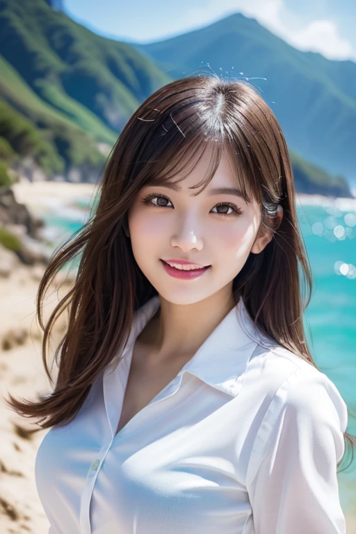 (a very detailed woman in an oversized white collared shirt, with a full body shot, complex and beautiful eyes, a feminine hairstyle, natural colored lips, big breasts, posing in a valley with an ocean backdrop, giving a bold and sexy smile, a young adorable japanese face in an official art style, highly detailed CG Unity 8k wallpaper, (masterpiece:1.0),(highest quality:1.0), super A high resolution, 4K, super detailed, photo shoot, 8k, nffsw, high resolution, kodak portrait 400, film grain, lens flare glow, highest quality, 8k, nffsw:1.2, portrait shot, 8k)