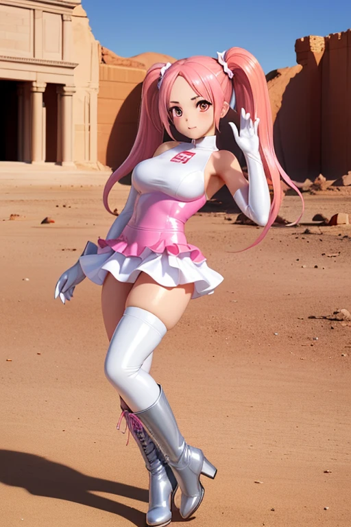 Perfect Anatomy Highest quality,Highest Resolution,(((Orange One Piece Dress Long skirt Silver Boots White Opera Gloves latex pink hair))) Metal Max 2:Reloaded Twin tails Red Eye ample bosom Slender 18-year-old end of the century desert wilderness ruins