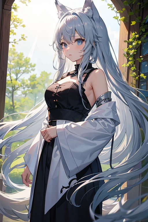 masterpiece, Highest quality, High resolution，Follow the on-screen instructions、Anime Style、Follow the prompts、A girl and a wolf on the screen、Long silver hair、forest、Chase with the wolf、