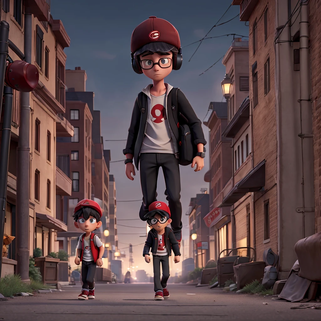 a scene where a mysterious figure chases another character (young guy, WITH BLACK LENSES, Red Hat, large headphones, carrying a backpack, with a scared face) on the empty street at night.