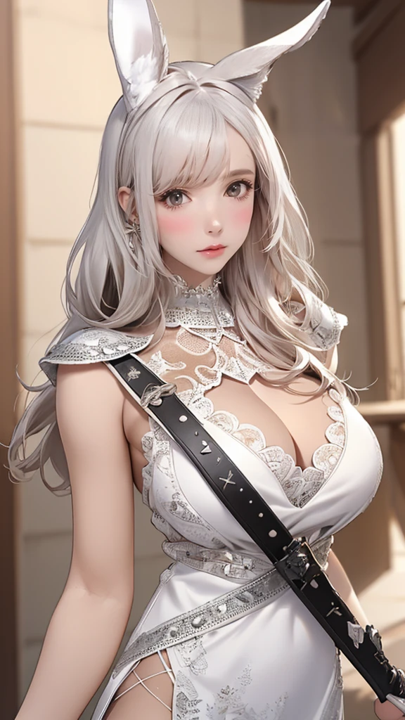 from behind,backwards,stretching,(have a sword,leather boots,asymmetrical armor,(long embroidered white lace dress,see through,lift up the hem of the dress)),Bunny ears,silver hair,(tanned skin:1.2),(Thin type:1.8),(big breasts),(random hairstyle),(Highest image quality,(8k),ultra-realistic,best quality, high quality, high definition, high quality texture,high detail,beautiful detailed,fine detailed,extremely detailed cg,detailed texture,a realistic representation of the face,masterpiece,Sense of presence)