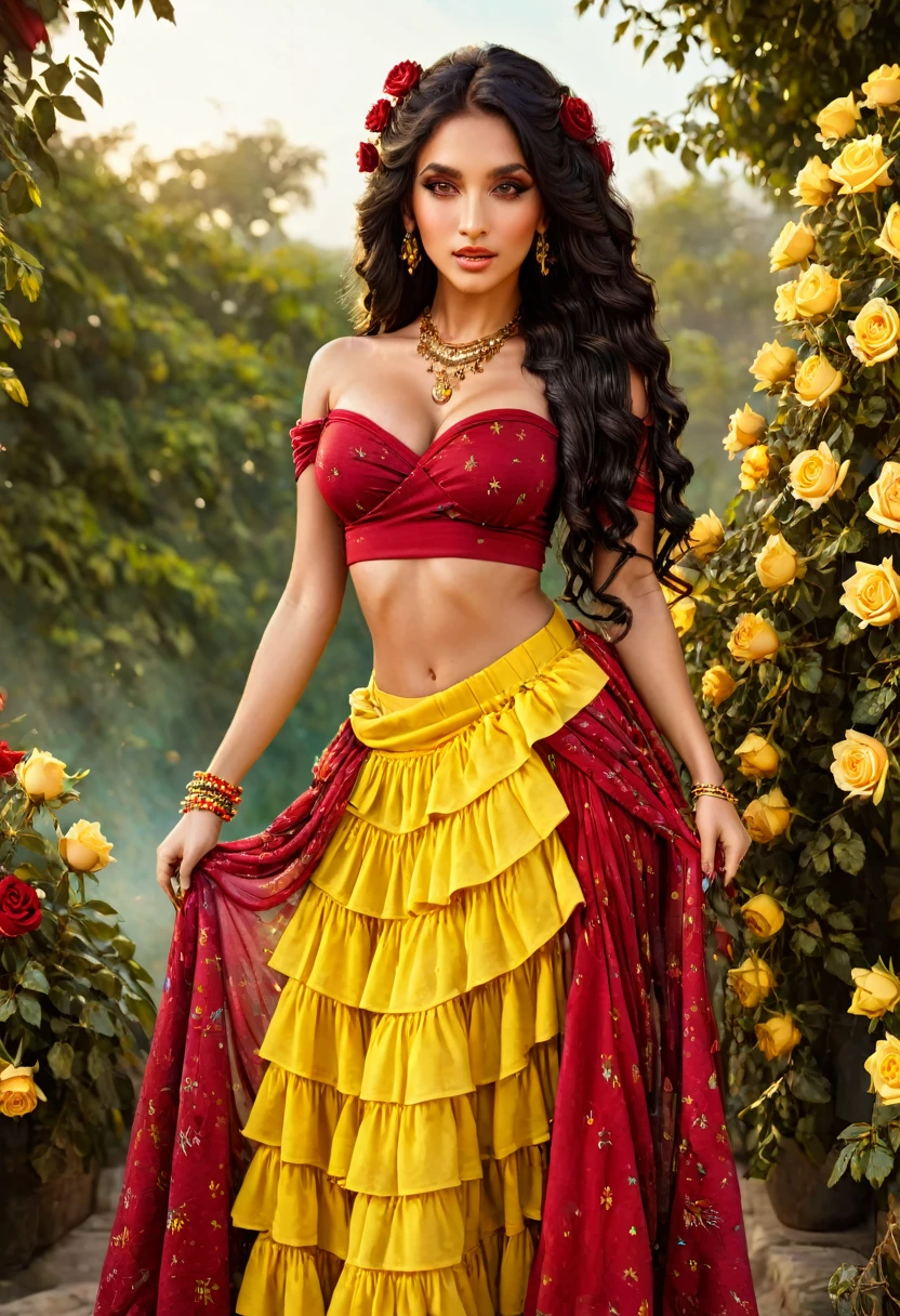 ((Shulammite gypsy GODDESS )) millions of yellow and red roses , Stands tall and shows your perfect figure at all times, covers your entire body Dresses in shades of red,golden, yellow with a puffy blouse full of ruffles, gypsy scarf on the shoulders and a beautiful long colorful skirt, , super cute, 8k realistic , ((Bblack hair)), Golden Brunette Skin, eyes black, Ultra-realistic muscular body, Wear a magical gypsy outfit , with a magical and mystical touch, with viscous hair , therefore, inspired by Izzy Medrano, 3D 18K UHD., gold bracelets, , brincos goldens ,16K, elements: Terra 8K UHD SURREAL. Gypsy deck: Used for divination and spiritual guidance,colorful scarves: Represents magic and protection, incense: For purification and connection with the spiritual plane, Stones and Jewels: Have specific energies.
colorful clothes: Gypsy skirts are magical working instruments. Ultra HD 18K.