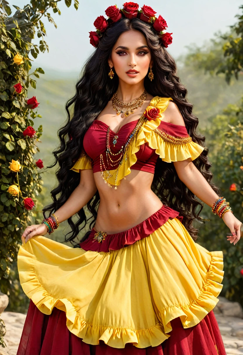 ((Shulammite gypsy GODDESS )) millions of yellow and red roses , Stands tall and shows your perfect figure at all times, covers your entire body Dresses in shades of red,golden, yellow with a puffy blouse full of ruffles, gypsy scarf on the shoulders and a beautiful long colorful skirt, , super cute, 8k realistic , ((Bblack hair)), Golden Brunette Skin, eyes black, Ultra-realistic muscular body, Wear a magical gypsy outfit , with a magical and mystical touch, with viscous hair , therefore, inspired by Izzy Medrano, 3D 18K UHD., gold bracelets, , brincos goldens ,16K, elements: Terra 8K UHD SURREAL. Gypsy deck: Used for divination and spiritual guidance,colorful scarves: Represents magic and protection, incense: For purification and connection with the spiritual plane, Stones and Jewels: Have specific energies.
colorful clothes: Gypsy skirts are magical working instruments. Ultra HD 18K.