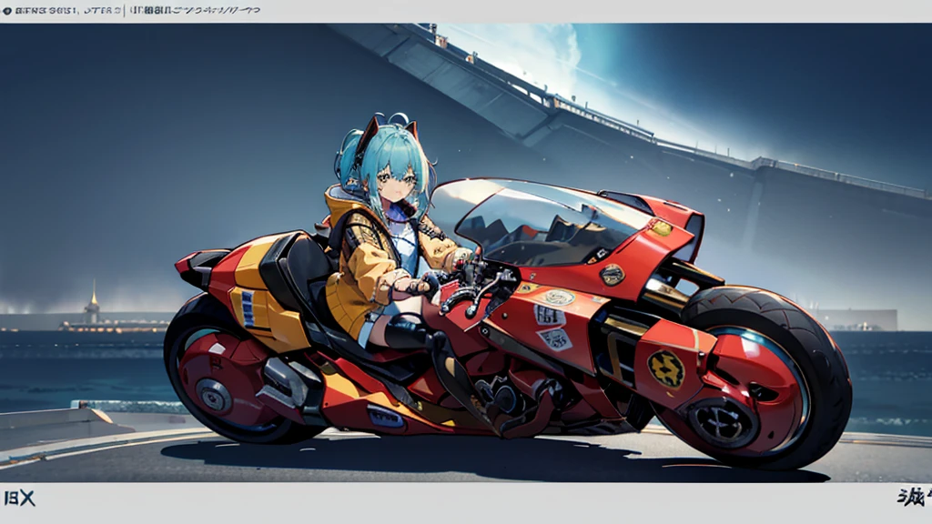 Wearing a souvenir jacket、woman、Eating an apple、Night Port、Embarrassed expression、Motorcycles of the future、masutepiece、The color of the bike is yellow、 light blue hair, ear blush, full blush, 顔をはっきりと描いて, 海の見える港, anime, cinematic lighting, UHD, highres, best quality, 8k