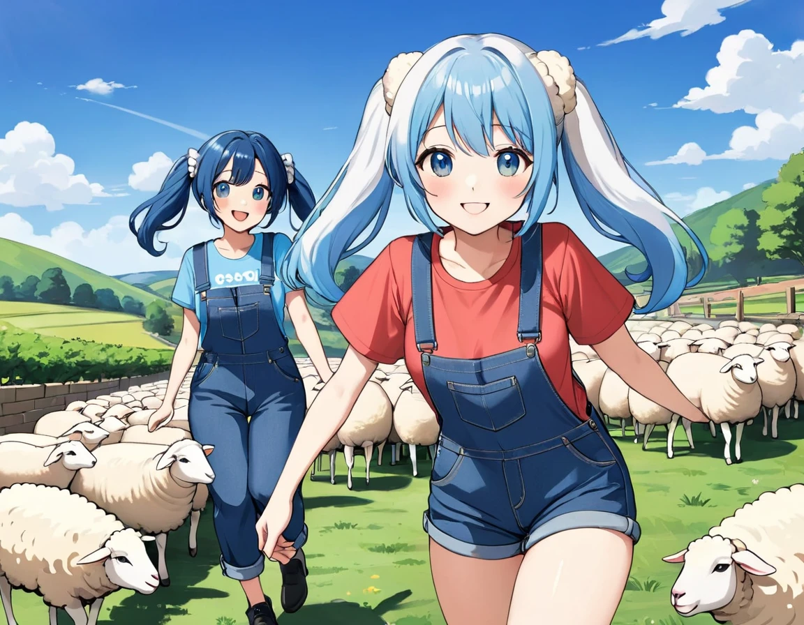 Light blue long hair、Beautiful girl with twin tails、T-shirt and denim jumpsuit、Bright smile、Sheep Farm、Lots of sheep、blue sky、Two shepherd dogs chasing sheep、