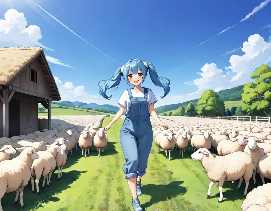 Light blue long hair、Beautiful girl with twin tails、T-shirt and denim jumpsuit、Bright smile、Sheep Farm、Lots of sheep、blue sky、Two shepherd dogs chasing sheep、